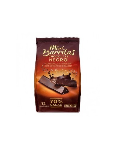 Mini Hacendado dark chocolate bars with crunchy seeds and 70% cocoa cookie Pack 12 units. (130 g)